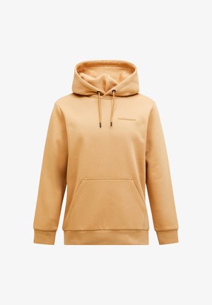 Felpa con cappuccio in pile color beige, dotata di tasca a marsupio frontale, polsini a coste e dettagli con cordino. Presenta un ricamo del logo discreto sul petto.