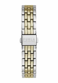 Pulsera de reloj de metal en tonos plateado y dorado con un diseño de eslabones trenzados. Presenta un cierre con el nombre de la marca grabado, acabados satinado y pulido.