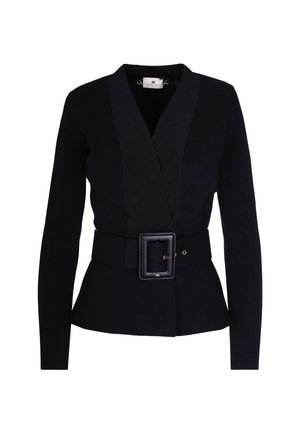 Blazer nero con scollatura a V profonda, maniche lunghe e vita con cintura. Realizzato in un tessuto testurizzato, presenta una fibbia quadrata e dettagli dorati.