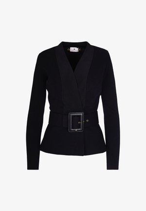 Blazer nero con scollatura a V profonda, maniche lunghe e vita con cintura. Realizzato in un tessuto testurizzato, presenta una fibbia quadrata e dettagli dorati.