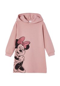 Rosa Kapuzenkleid mit langen Ärmeln, das ein großes Motiv von Minnie Mouse zeigt, die sich selbst umarmt, mit einer glitzernden rosa Schleife.
