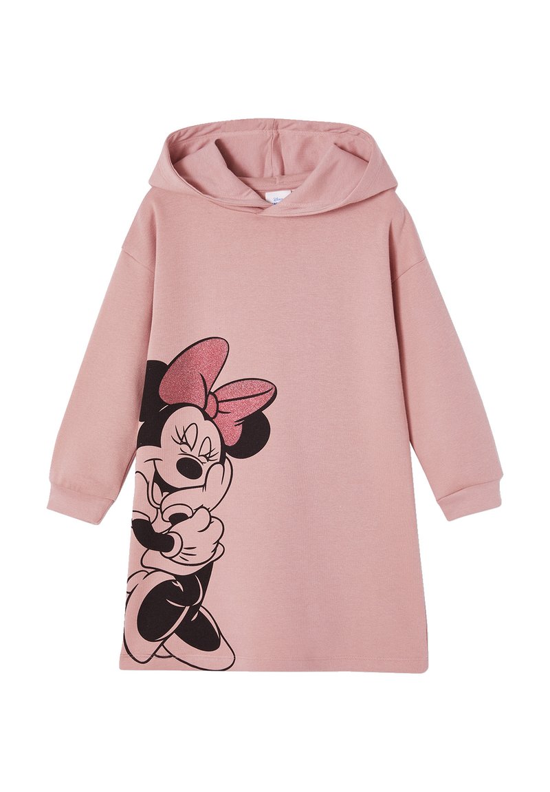 Rosa Kapuzenkleid mit langen Ärmeln, das ein großes Motiv von Minnie Mouse zeigt, die sich selbst umarmt, mit einer glitzernden rosa Schleife.