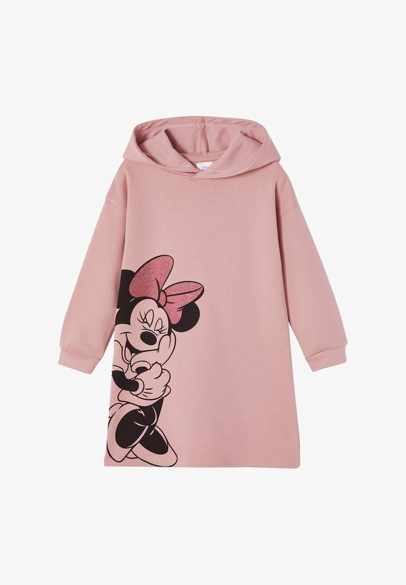 Rosa Kapuzenkleid mit langen Ärmeln, das ein großes Motiv von Minnie Mouse zeigt, die sich selbst umarmt, mit einer glitzernden rosa Schleife.