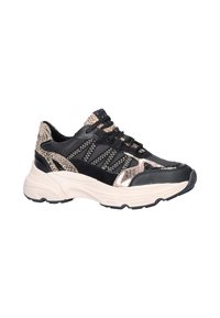 Chunky zwarte sneaker met beige en dierenprintaccenten, zigzagstiksel, dikke witte zool en zwarte veters, weergegeven vanuit de zijkant.