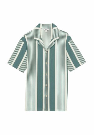 Short-sleeve shirt in teal and white vertical stripes, featuring a notch collar and front buttons, made from textured fabric.