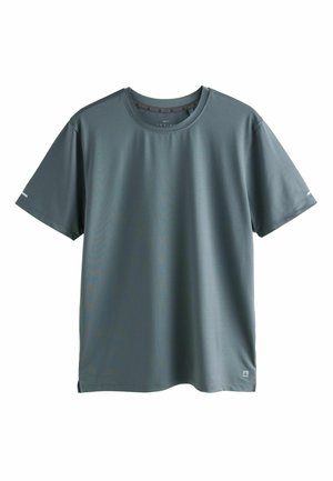 Īsām piedurknēm krekls izbalējušā tirkīza krāsā, izgatavots no struktūrveida auduma ar apaļu kaklu; satur sānu slīpējumus un nelielu logotipu apakšējā malā.