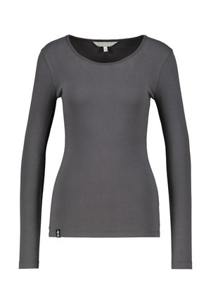 Langärmliges, figurbetontes dunkelgraues Shirt mit rundem Ausschnitt und kleinem Stoffetikett am unteren Saum vor weißem Hintergrund.