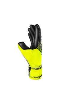 Torwarthandschuh mit einem leuchtend gelben Netzoberteil, schwarzer Latex-Handfläche, strukturierten Akzenten auf der Oberhand und einem sicheren Handgelenkriemen.