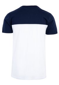 Heren T-shirt met korte mouwen, voorzien van een marineblauw bovenstuk en een wit onderstuk, gemaakt van soepel katoen met een ronde hals.