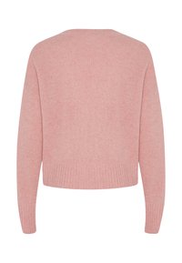 Pull en tricot rose avec un design court, col rond, ourlet et poignets côtelés, texture douce et dos sans coutures.