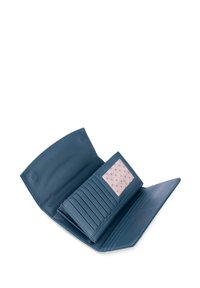 Teal leather wallet with multiple card slots, a transparent ID window, and smooth texture. Interior features a pink polka dot accent.