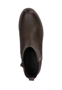 Brązowy skórzany kowbojek za kostkę z zaokrąglonym czubkiem, widocznymi szwami i bocznym zamkiem błyskawicznym. Gładka tekstura i minimalistyczny design.