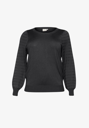 Sort sweater med ensfarvet krop og teksturerede ribbede ærmer. Har en rund halsudskæring og tætsiddende manchetter. Blødt strikket materiale.