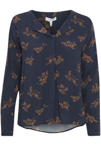 Blusa navy con maniche lunghe, stampa floreale in arancione e azzurro chiaro, scollo a V e orlo curvo. Realizzata in tessuto leggero.