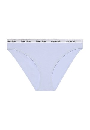 Slip en coton bleu clair avec une ceinture élastique noire et blanche portant le logo Calvin Klein, doté d'une texture lisse et d'une coupe bikini classique.