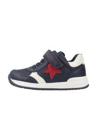 Sneakers blu navy con accenti bianchi e stella rossa. Realizzati in materiale sintetico, presentano una chiusura a strappo, lacci e suola in gomma testurizzata.