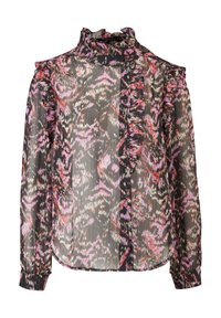 Sheer black blouse with ruffled collar and cuffs, featuring a colorful abstract pattern in pink, red, and cream. Buttons down the front.