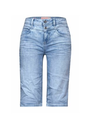 Světle modré denimové šortky se středním pasem, dvěma předními kapsami a dvouknoflíkovým zapínáním. Tkanina má hladkou texturu s minimálním vyblednutím.