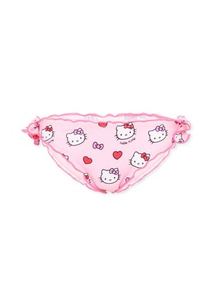 Różowe majtki bikini z wiązaniami po bokach, ozdobione twarzami Hello Kitty, czerwonymi sercami i kokardkami w powtarzający się wzór.