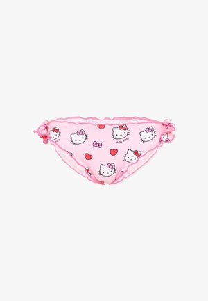 Bas de bikini rose avec liens latéraux, décoré de visages Hello Kitty, de cœurs rouges et de nœuds en motif répétitif.