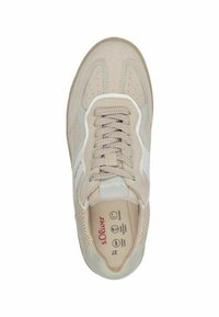 Beige athletic shoe with a smooth suede finish, white accents, perforated details, and a textured sole. Features lace closure and logo on tongue.