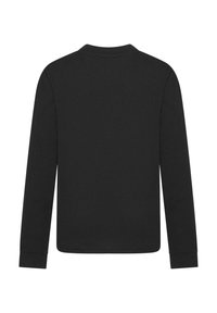 Langärmliges schwarzes Hemd aus weichem Baumwollmaterial, mit rundem Halsauschnitt, geradem Schnitt und eng anliegenden Manschetten ohne zusätzliche Verzierungen.