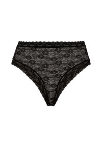 Black lace panties feature floral patterns, a smooth texture, scalloped edges, and a contrasting waistband, all in a classic high-rise design.