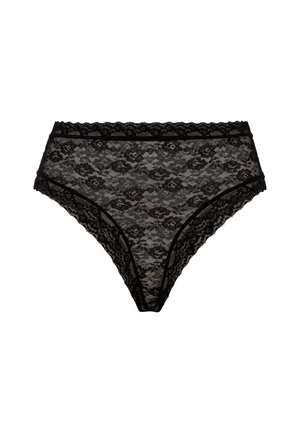 Sorte blonde truser har blomstermønstre, en jevn tekstur, bølgende kanter og en kontrastende livvidde, alt i en klassisk høyt liv-design.