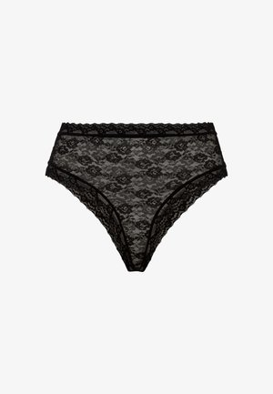 Melni mežģīņu apakšbikses ar ziedu rakstiem, gludu tekstūru, saliektu malu un kontrastējošu jostasvadu, viss klasiskā augstā dizainā.