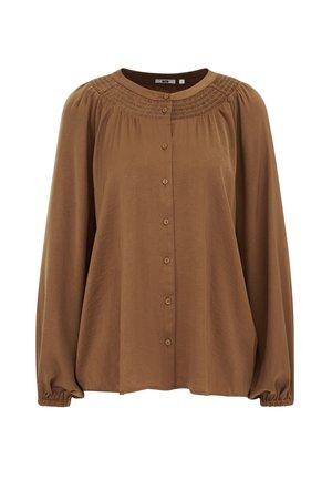 Blusa marrón de manga larga con botones en la parte delantera, puños elásticos, detalle de yugo fruncido y escote redondo.