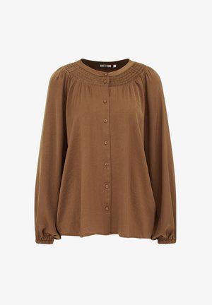 Brown long-sleeve blouse with button front, elastic cuffs, gathered yoke detail, and round neckline.