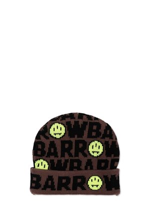 Gorro de punto marrón con texto negro "BARROW" y patrones de caras sonrientes en amarillo y verde distribuidos por todo el gorro y el dobladillo.