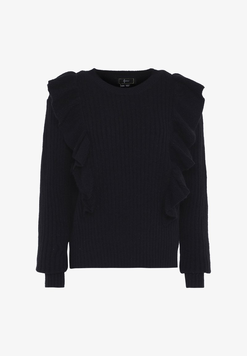 Marineblauer gerippter Pullover mit Rüschendetail an der linken Schulter, Rundhalsausschnitt und langen Ärmeln. Weiche Textur mit eng anliegenden Bündchen und Saum.