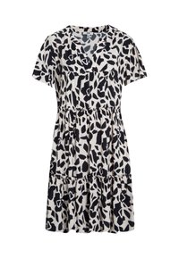 Kurzes Kleid mit V-Ausschnitt, ausgestattet mit einem schwarz-weißen Blumenmuster, gestuftem Design und weichem, leichtem Stoff.