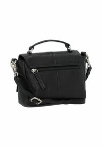 Borsa a tracolla in pelle nera con manico superiore, tasca frontale con zip, tracolla regolabile e dettagli in metallo argento. Superficie con texture.