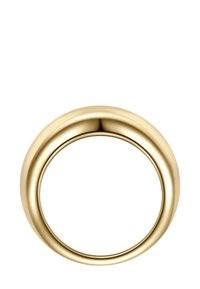 Auksinis, lygus metalinis žiedas su suapvalintu dizainu. Pasižymi blizgia danga ir bepertraukiamu juostele, sudarančia elegantišką, nuolatinę formą.