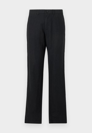 Sorte bukser laget av et lett materiale, skreddersydd passform, rette ben, med knappelukking og frontlommer. Glatt tekstur.