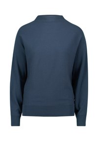 Granatowy sweter prążkowany z wysokim kołnierzem, długimi rękawami i prostym dołem. Wykonany z teksturowanej dzianiny, w luźnym kroju.