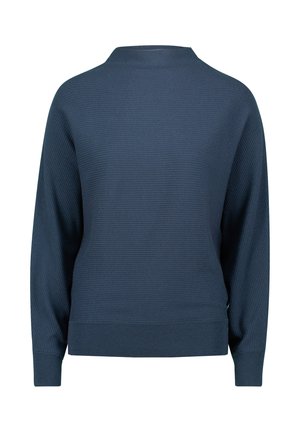 Sötétkék bordázott pulóver magasan záródó nyakkal, hosszú ujjakkal és egyenes aljjal. Texturált kötött anyagból készült, laza fazonnal.