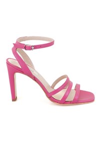 Verführerische High-Heel-Sandale in leuchtendem pinkfarbenem Leder mit quadratischer Zehenpartie. Sie verfügt über einen verstellbaren Knöchelriemen und einen schlanken Stilettoknöchel.