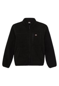 Zwarte fleece jas met een hoge kraag, sluiting met ritssluiting aan de voorkant, twee zijzakken, één borstzak en een textuurdetail in de stof.