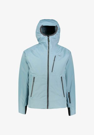 Helleblaue wasserdichte Jacke mit Kapuze, Frontreißverschluss und mehreren Reißverschlusstaschen. Glatte Textur mit schwarzen Akzenten.