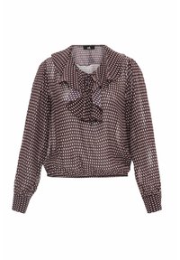 Blusa marrón de manga larga con cuello con volantes y un patrón texturizado que presenta pequeñas formas repetidas en crema y azul. Diseño recortado.