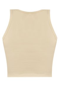 Beige ärmelloses Cropped-Top mit hohem Ausschnitt und taillierter Silhouette, flach auf einem weißen Hintergrund dargestellt.