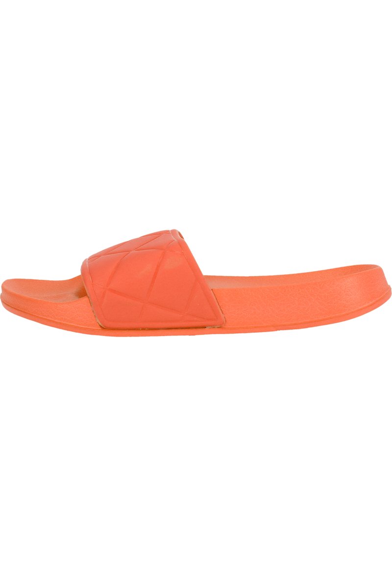 Oranje rubberen slipper met een gestructureerde band met een geometrisch patroon, met een platte zool en een matte afwerking.