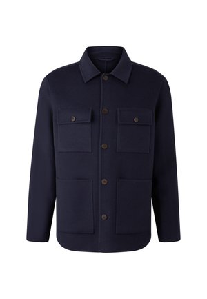 Navy blue wool jacket with a collared neck, four front pockets, and brown buttons. Features a button-down closure and a straight hem.