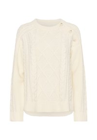 Pull en tricot couleur crème avec un motif en torsades, textures en losanges, ourlet côtelé et accents de boutons sur une épaule.