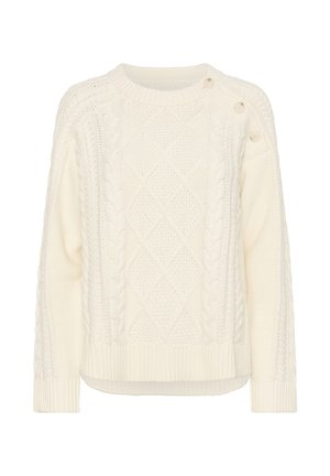 Cream-colored knitted sweater featuring a cable pattern, diamond textures, ribbed hem, and button accents on one shoulder.