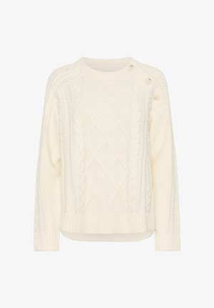 Krēmkrāsas adīts džemperis ar kabeli, dimantu rakstu, ribotu apakšmalu un pogu akcentiem vienā plecā.