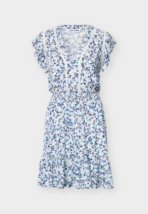 White dress with blue floral print, V-neck, short flutter sleeves, elastic waist, lace trim, and ruffled hem.